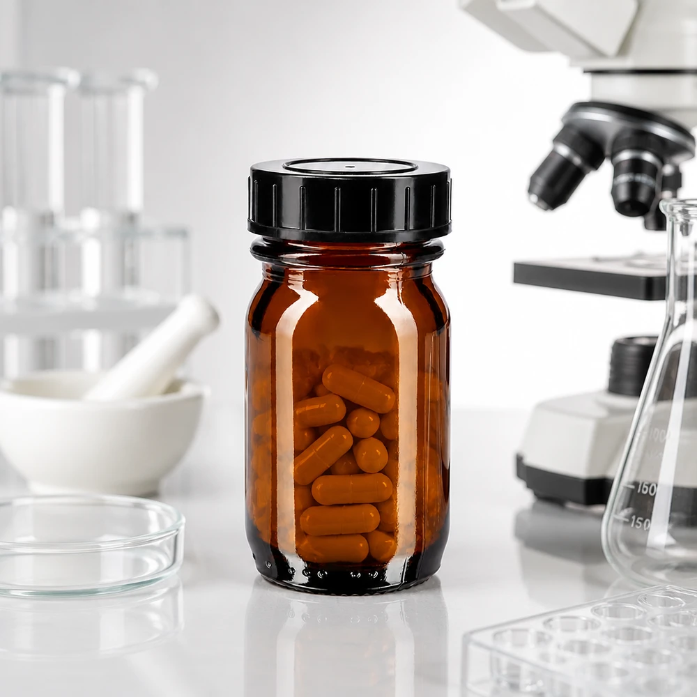 Bottiglie compatte in vetro ambrato da 30 ml con ampia apertura, ideali per applicazioni di laboratorio
