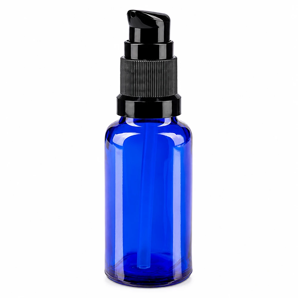 Apothekenflasche blau 20ml PumpVerschluss schwarz Standard Hochwertige 20ml Apothekerflasche in Blau mit schwarzem Pumpaufsatz und Dip Tube