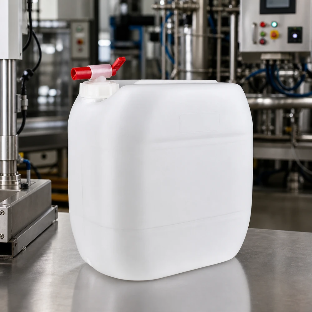 Jerrican de 30 litres avec robinet Grand bidon en plastique blanc de 30 litres, muni d'un robinet d'arrêt rouge sur une surface en acier inoxydable