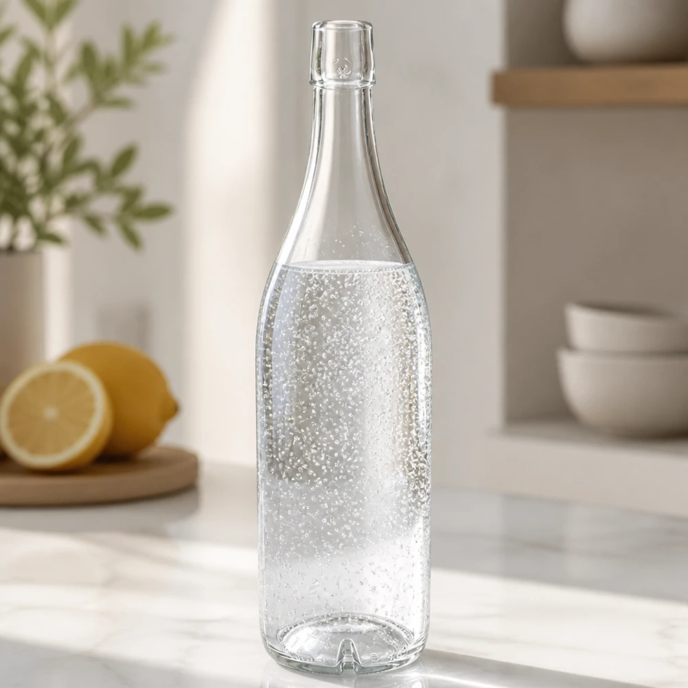 Bottiglia di vetro 1000ml UNiTWIST riempita di acqua frizzante Bancone da cucina limoni arredamento moderno cucina luminosa