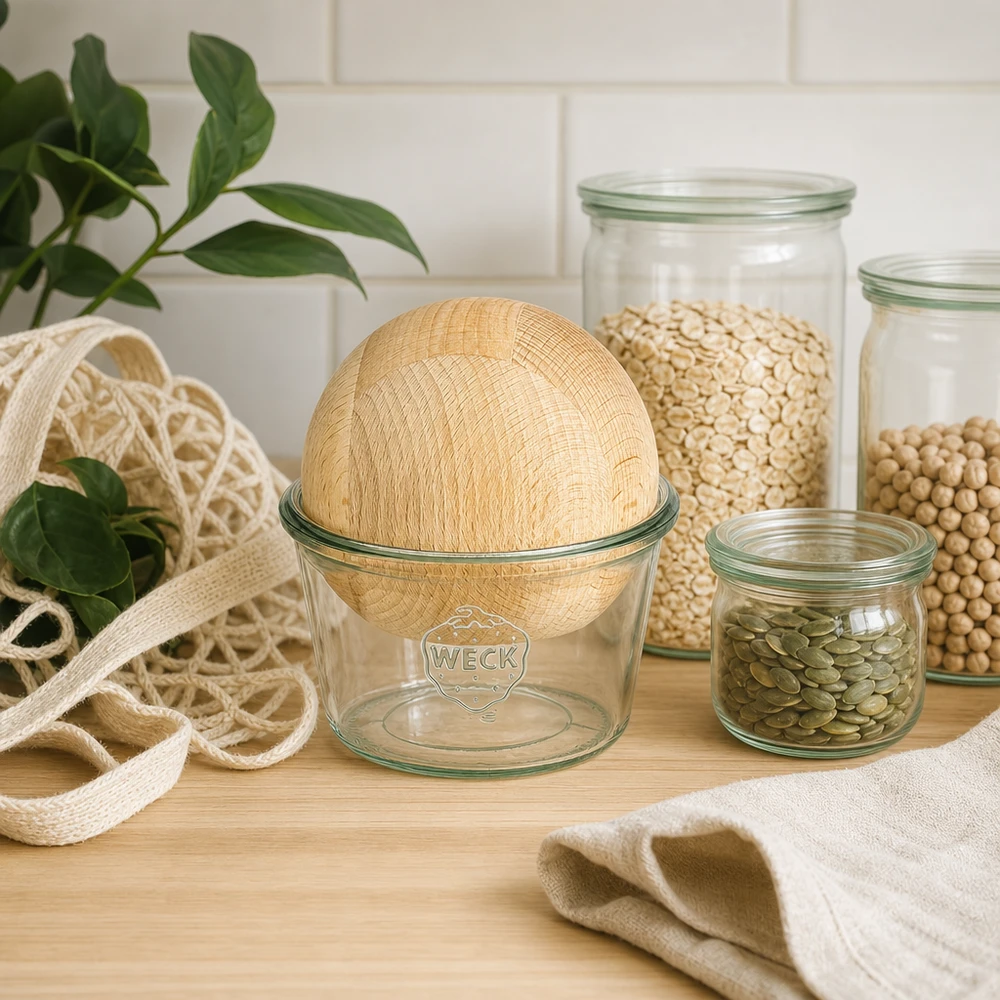 Bicchieri WECK RR100 da 370 ml con sfera in legno di faggio WECK barattolo di stoccaggio 370ml RR100 sostenibilità zero rifiuti cucina barattoli di stoccaggio a sfera in faggio legumi eco lifestyle