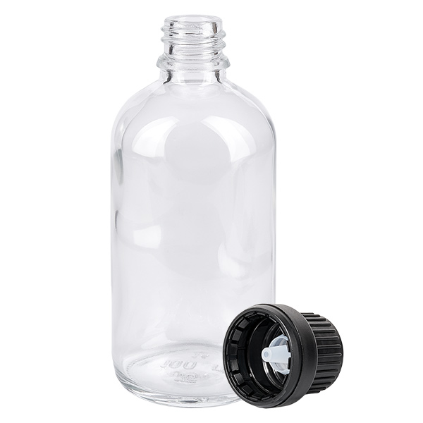 Flacone contagocce da 100 ml 2 mm nero OV ClearLine UT18/100 Flacone di vetro vuoto da 100 ml con tappo contagocce nero e apertura da 2 mm, serie ClearLine