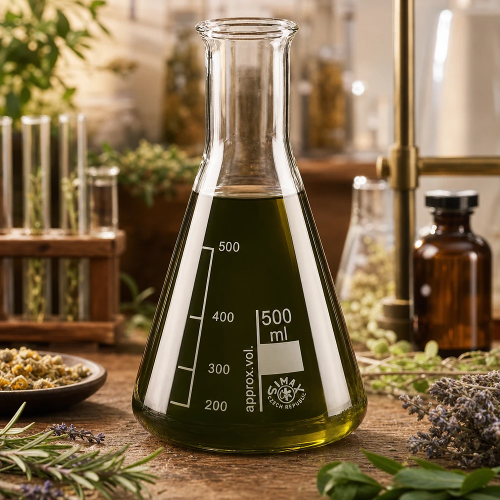 Beuta da 500 ml in vetro da laboratorio resistente al calore con contenuto verde oliva su un tavolo di legno