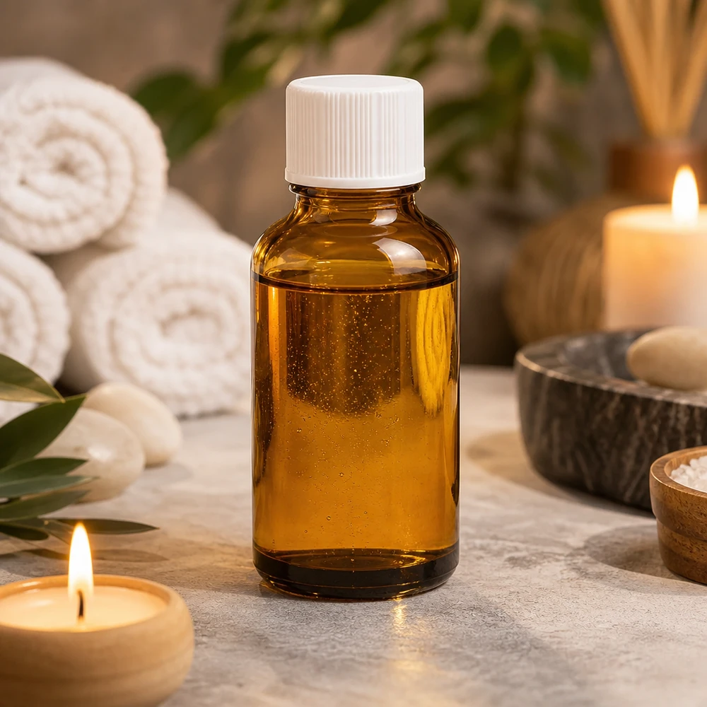 Piccolo flacone in vetro ambrato da 30 ml con solido coperchio bianco per una conservazione sicura