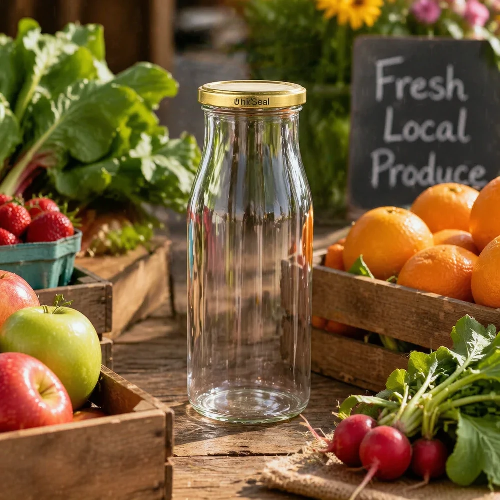 UNiTWIST Glasflasche 150ml mit goldenem TO43 BioSeal Deckel zwischen frischem Obst und Gemüse auf Holztisch