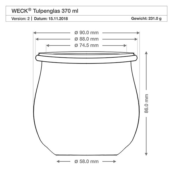 Set di 18 vasetti Weck da 370 ml per tulipani Disegno tecnico del vaso a tulipano WECK RR80 370ml con dimensioni e specifiche del prodotto, peso 231g