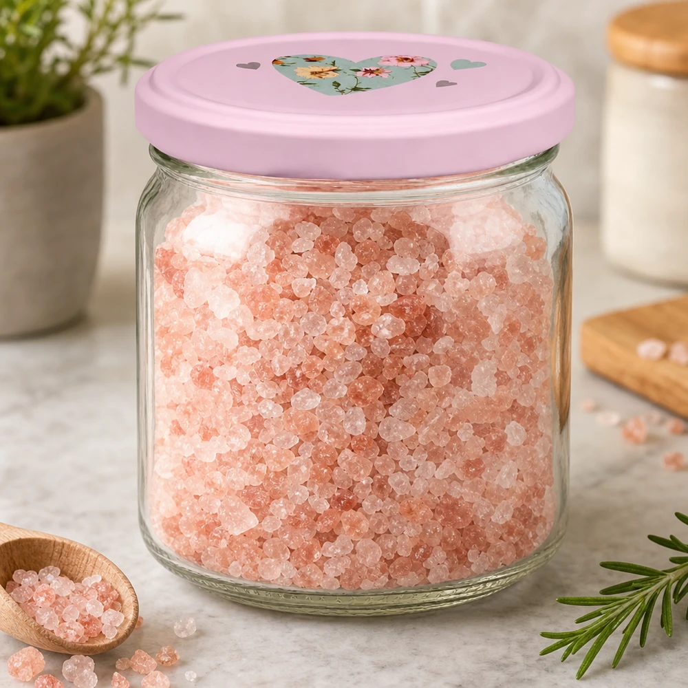 Barattolo rotondo da 408 ml con coperchio a forma di cuore rosa, pieno di sale dell'Himalaya, per una conservazione decorativa nella cucina moderna