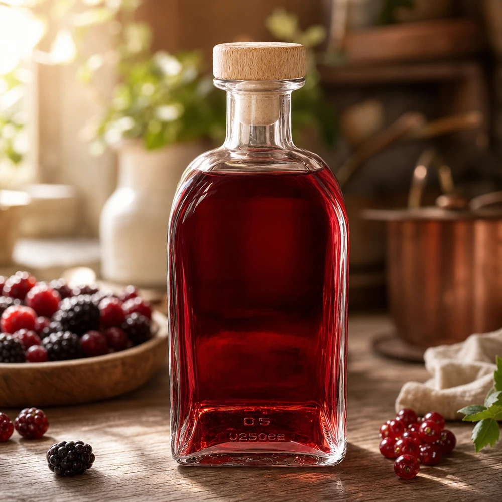 Flacone farmaceutico da 500 ml Julia con tappo in sughero con impugnatura in legno UNiTWIST® Bottiglia di vetro Julia da 500 ml con tappo di legno riempita di liquore ai frutti rossi su un tavolo di legno con more e ribes rosso