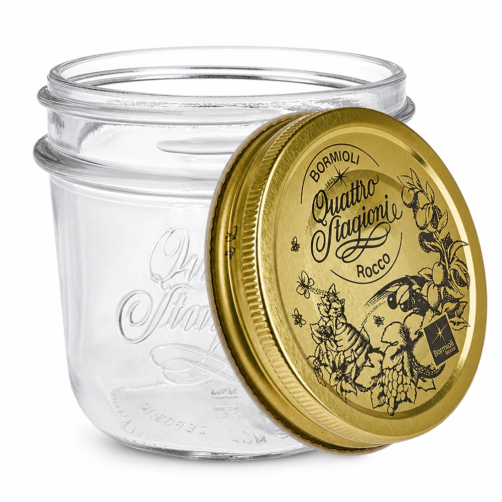 Bicchieri "Quattro Stagioni" da 200 ml con coperchio Bicchieri Quattro Stagioni da 200 ml con coperchio dorato Bormioli Rocco vaso da conserva trasparente vuoto