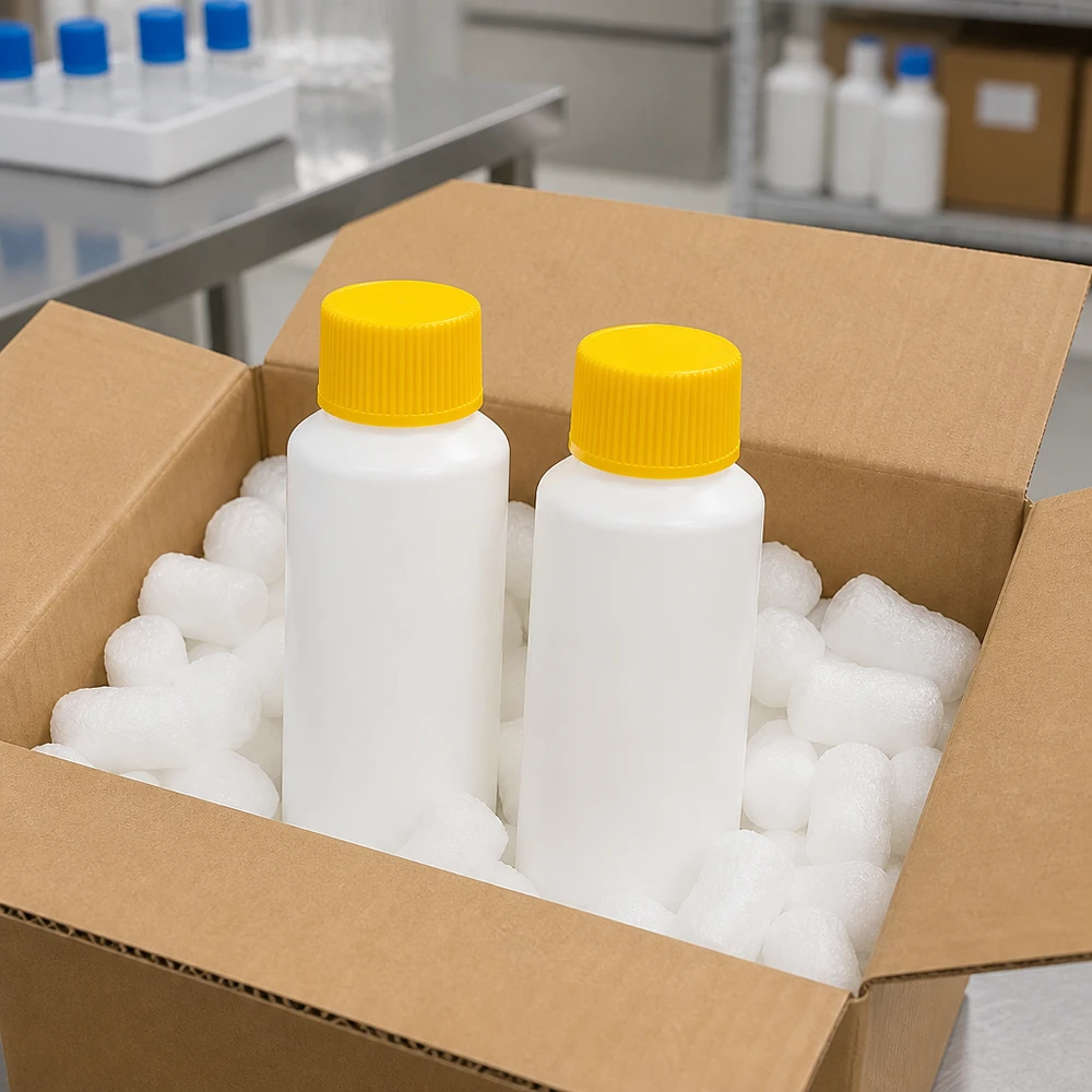 Lot de deux flacons de pharmacie blancs de 30 ml en HDPE avec bouchon SV jaune, dans un carton d'expédition rembourré « Laboratoire »