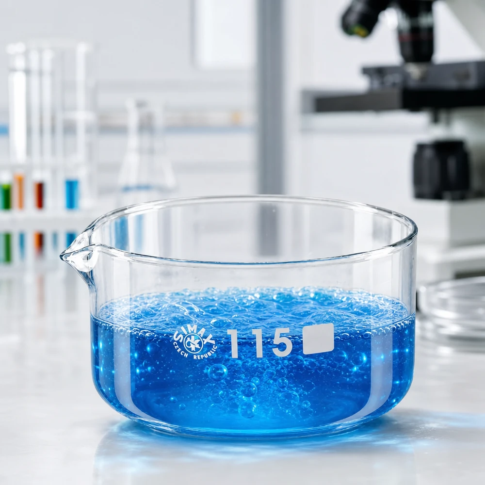 Coupelle de cristallisation 500 ml avec bec verseur Cuve de cristallisation de 500 ml contenant un liquide bleu en ébullition, bec verseur de 115 mm de diamètre, SIMAX, République tchèque, laboratoire