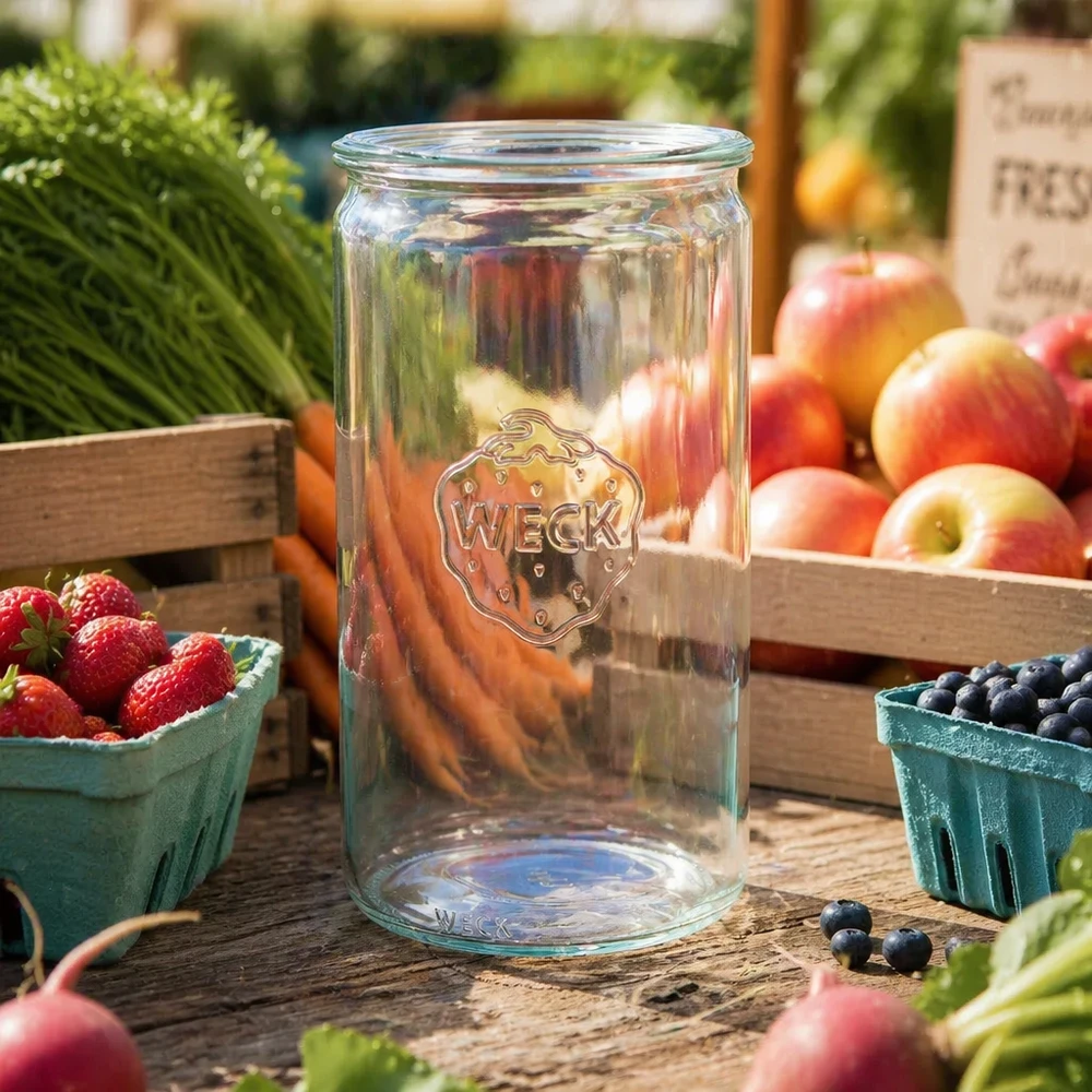 Barattolo cilindrico in vetro WECK RR100 da 1590 ml Vaso cilindrico WECK RR100 da 1590 ml vuoto su un tavolo di legno circondato da frutta, bacche e verdure fresche in un'atmosfera da mercatino.