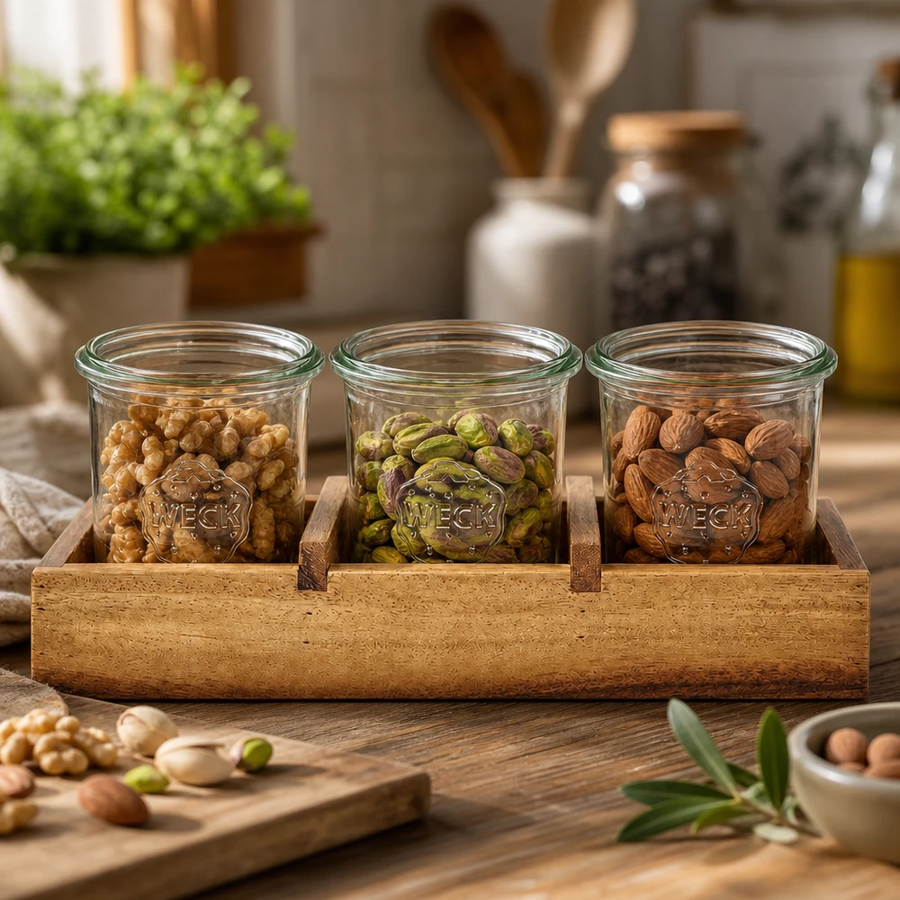 Vassoio di servizio Box3 in legno di acacia per 3 tumbler WECK. WECK bicchieri con noci Noci Pistacchi Mandorle in legno d'acacia Vassoio di servizio Box3 Conservazione da cucina Conservazione barattoli