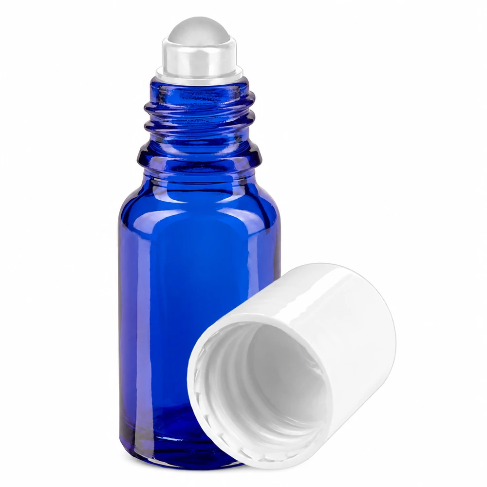 Apothekenflasche blau 10ml Roll-On Verschluss weiß Blaues Roll-On Fläschchen 10ml mit weißem Schraubverschluss und Applikatorkugel aus Glas
