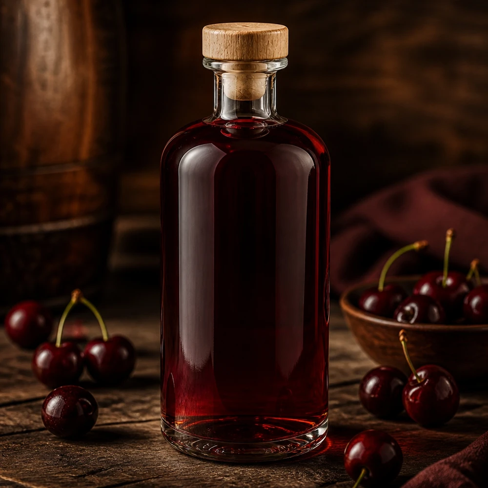 Flacone farmaceutico da 500 ml Flora con tappo in sughero con impugnatura in legno UNiTWIST® Bottiglia di vetro Flora da 500 ml con tappo in legno riempita di liquore alla ciliegia tra ciliegie fresche su un tavolo di legno rustico