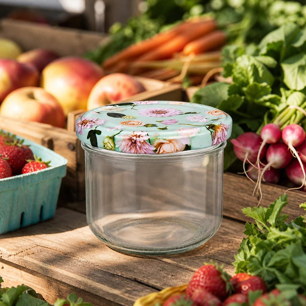 260ml Sturzglas + BasicSeal Deckel Blume mint UNiTWIST 260ml Sturzglas BasicSeal Blumendeckel mint auf Holztisch umgeben von frischem Gemüse Obst und Kräutern