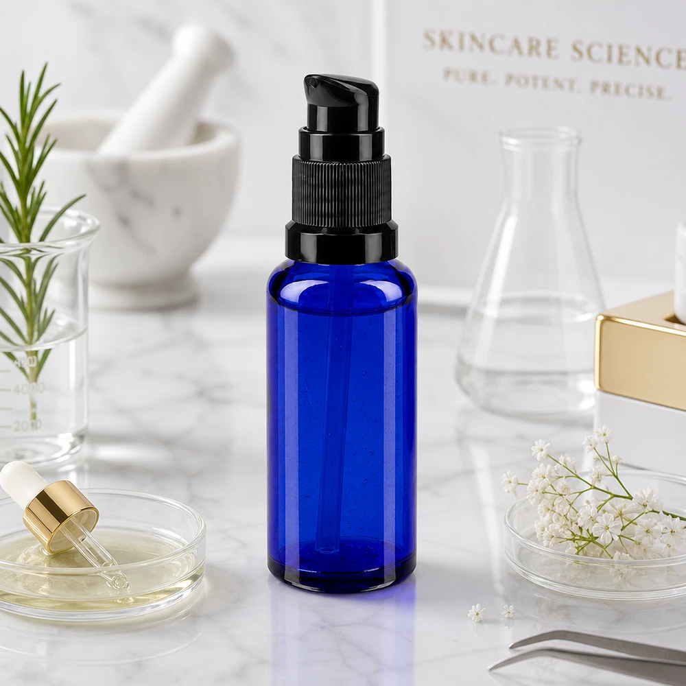 UV-Schutzglas 30ml Pumpflasche in Blau mit schwarzem Kopf für Kosmetikprodukte