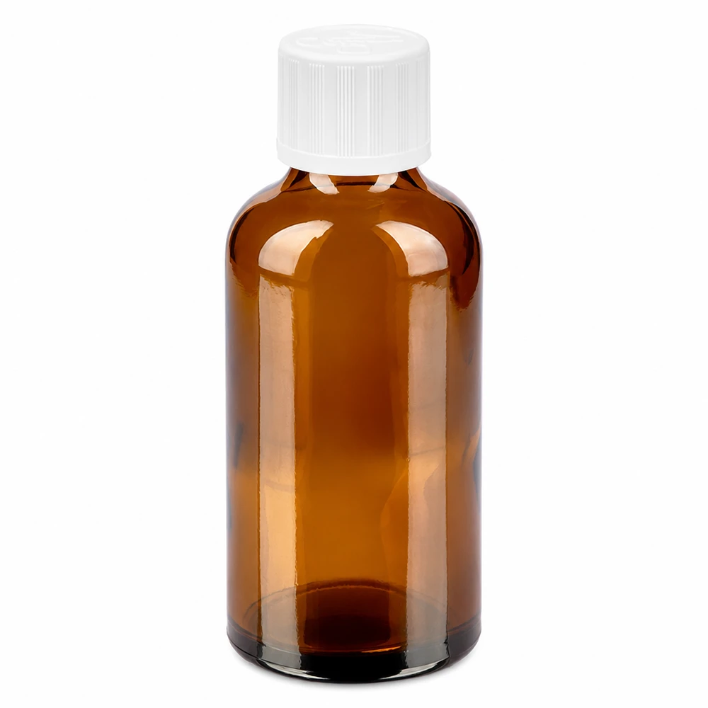 50ml Flasche 11mm Schraubverschluss weiß Standard Kindersicherung BrownLine UT18/50 Kompakte 50ml Flasche aus braunem Glas mit kindersicherem Schraubdeckel für Tropfen