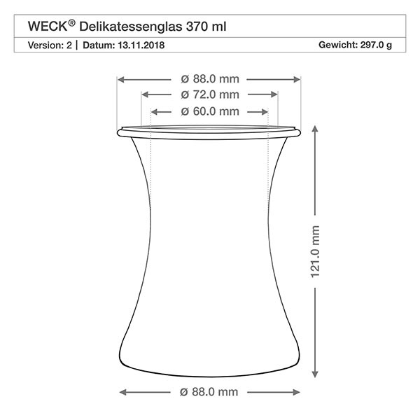 Vasetto da 370 ml WECK RR80 con tappo in sughero naturale WECK vaso da gastronomia 370ml RR80 disegno tecnico con dimensioni diametro 88mm altezza 121mm peso 297g