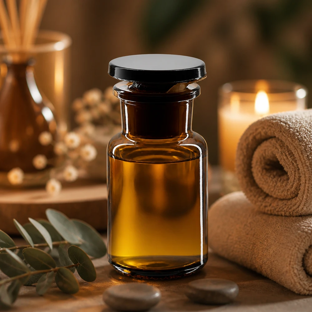 Flacone da farmacia a collo largo color ambra da 50 ml con tappo nero in un ambiente da spa