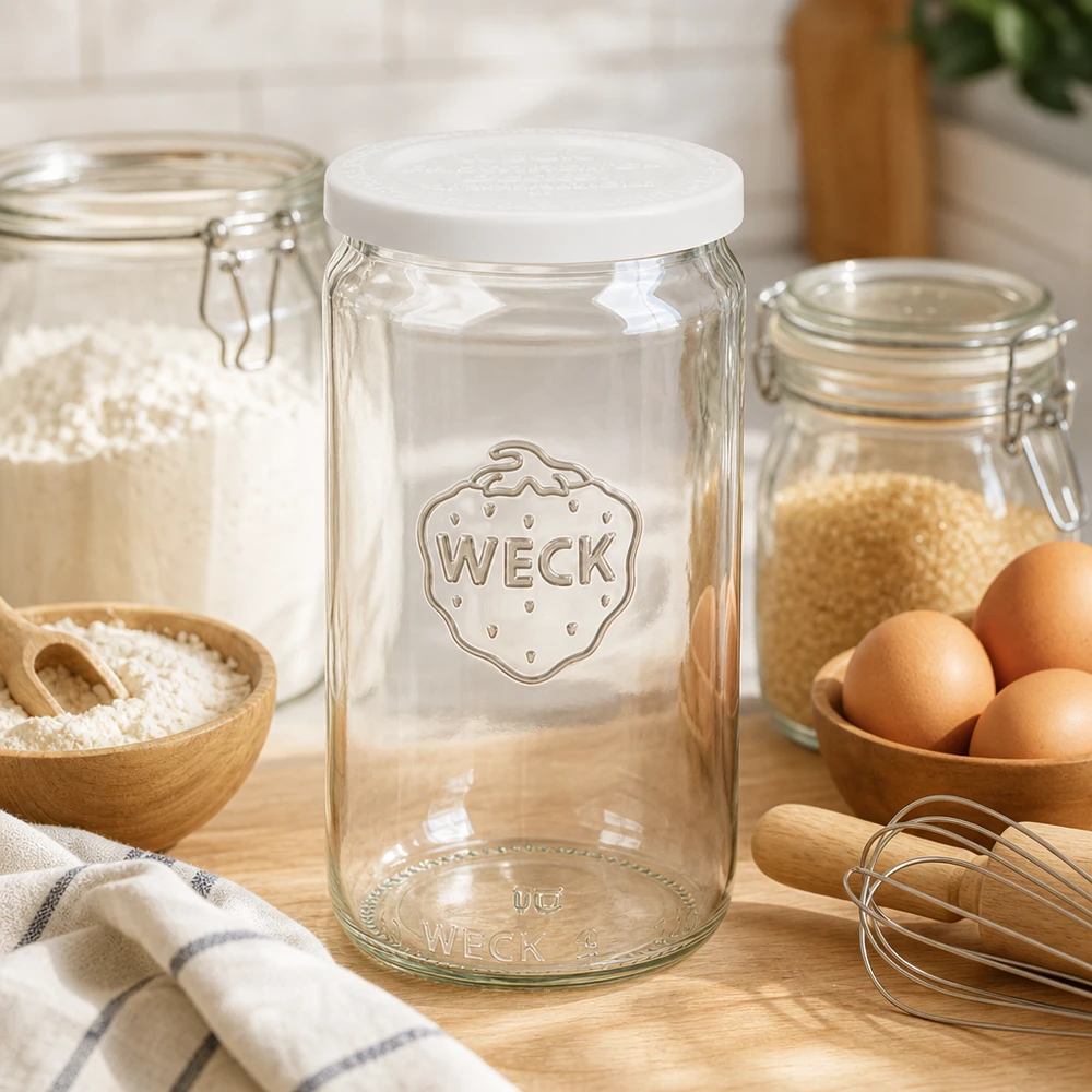 Barattolo cilindrico da 340 ml con coperchio salvafreschezza WECK RR60 WECK 340ml barattolo cilindrico vuoto con coperchio bianco RR60 in cucina con uova farina e utensili da cucina in legno