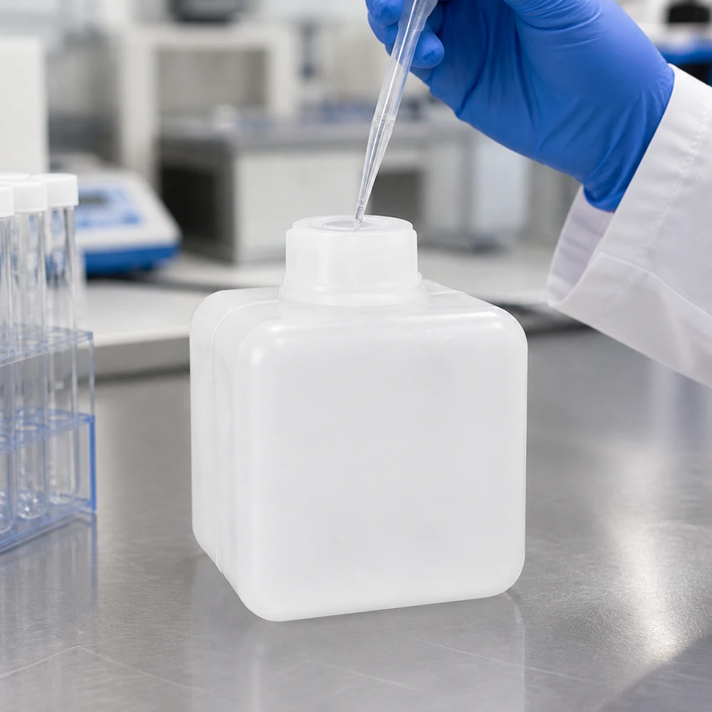 Bouteille en plastique translucide de 500 ml à col étroit en PE-HD destinée aux substances chimiques en service