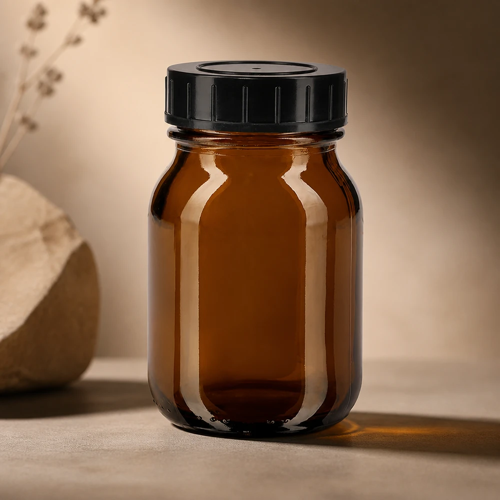 Flacone in vetro ambrato di alta qualità da 75 ml con tappo a vite, per una conservazione ottimale degli integratori.
