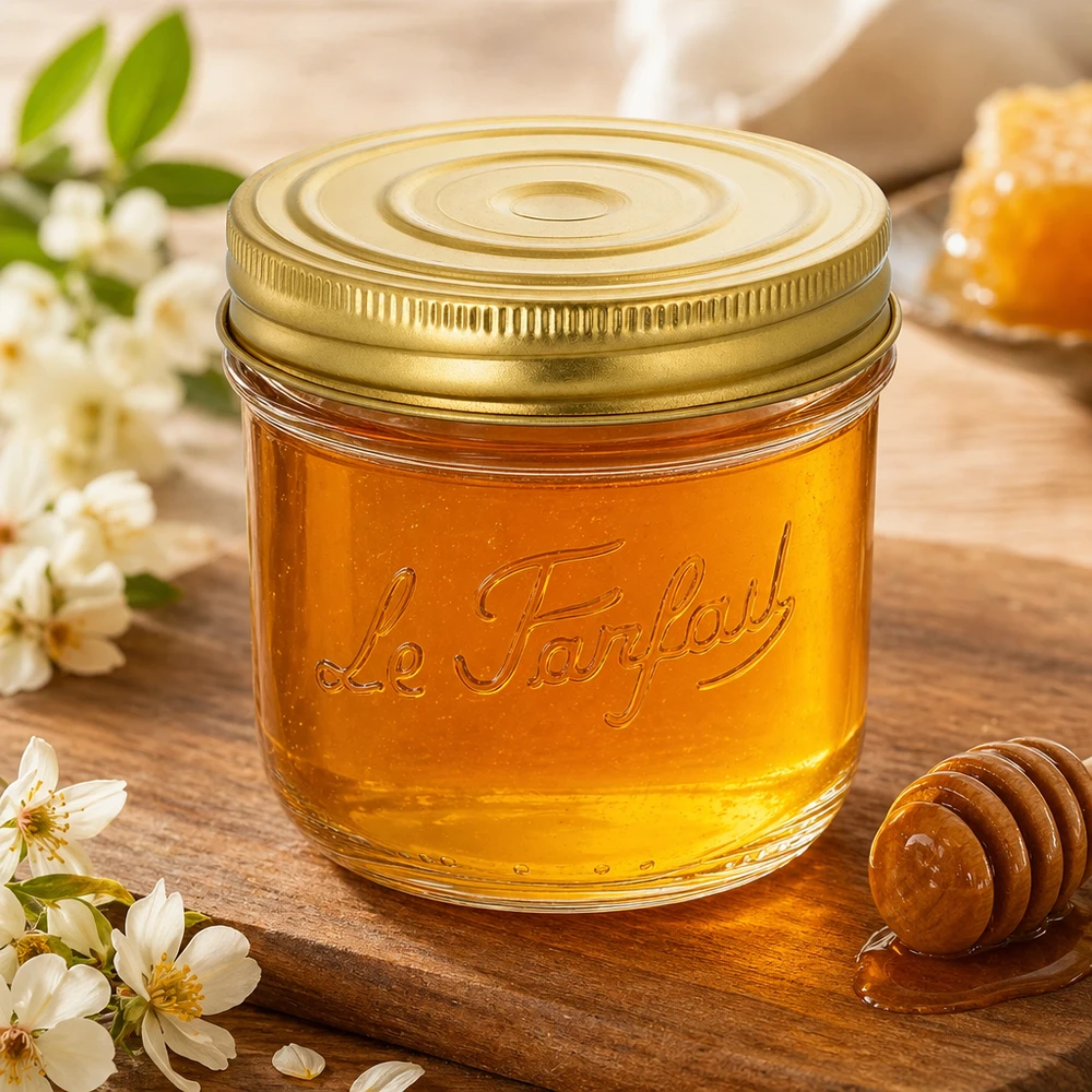 Le Parfait® Familia Wiss 350 g Ø100 mm vaso Miele in vasetto Le Parfait Familia Wiss da 415 ml con coperchio dorato su tavoletta di legno con fiori e cucchiaio da miele