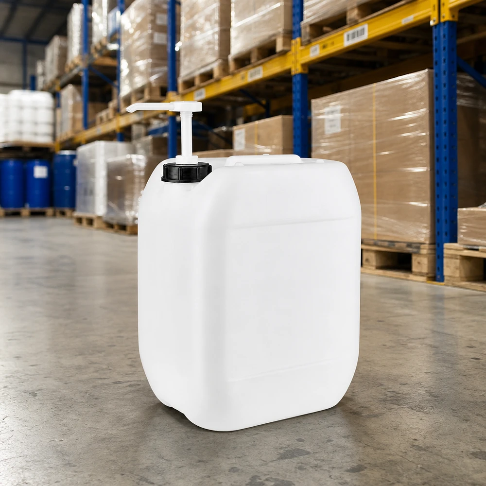Kanister 10 Liter mit Dosierpumpe Quaderförmiger milchweißer 10L Kanister mit Pumpaufsatz für effiziente Produktentnahme