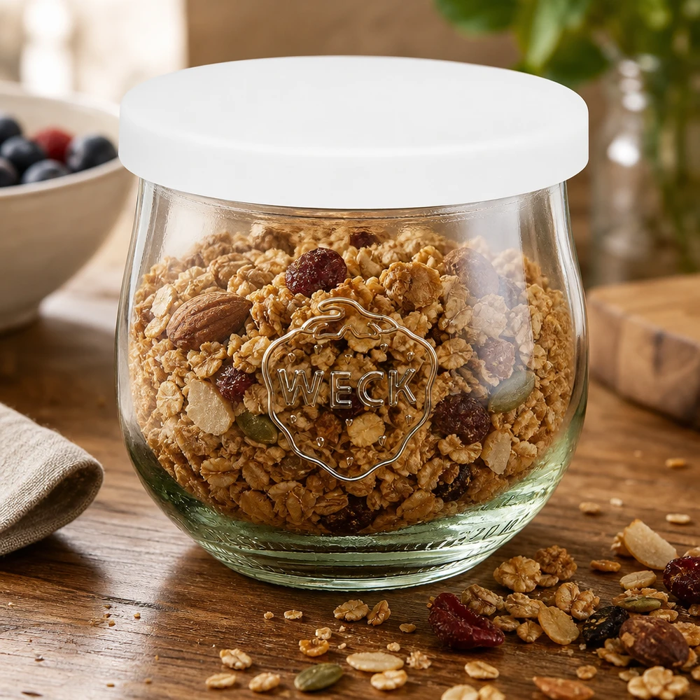 WECK barattolo di stoccaggio 370ml pieno di muesli coperchio in silicone bianco a forma di tulipano cucina stoccaggio noci frutta secca