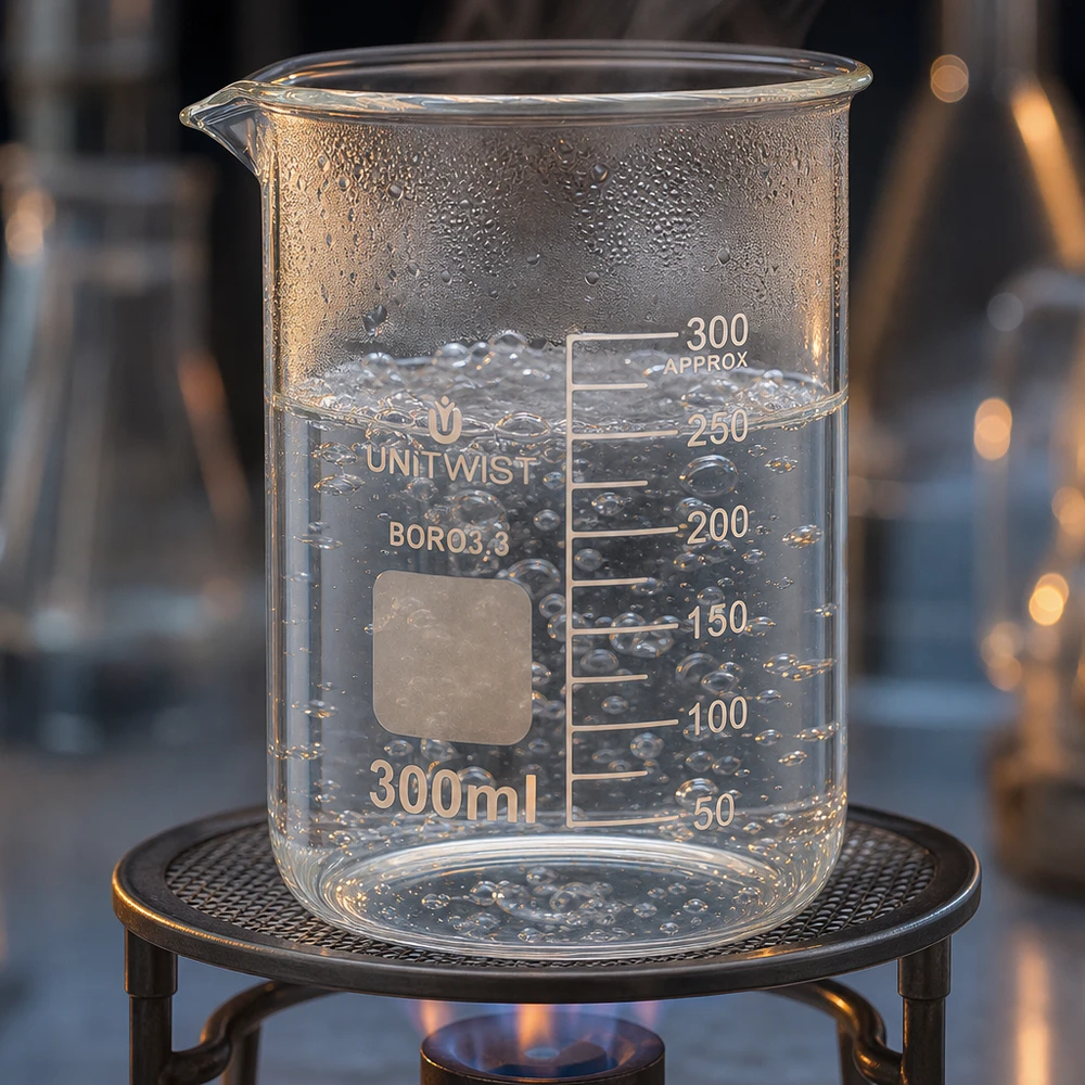 Bicchiere 300ml borosilicato, stampo basso UNiTWIST Bicchiere da laboratorio da 300 ml sopra un becco Bunsen con acqua bollente e formazione di bolle, di UNiTWIST