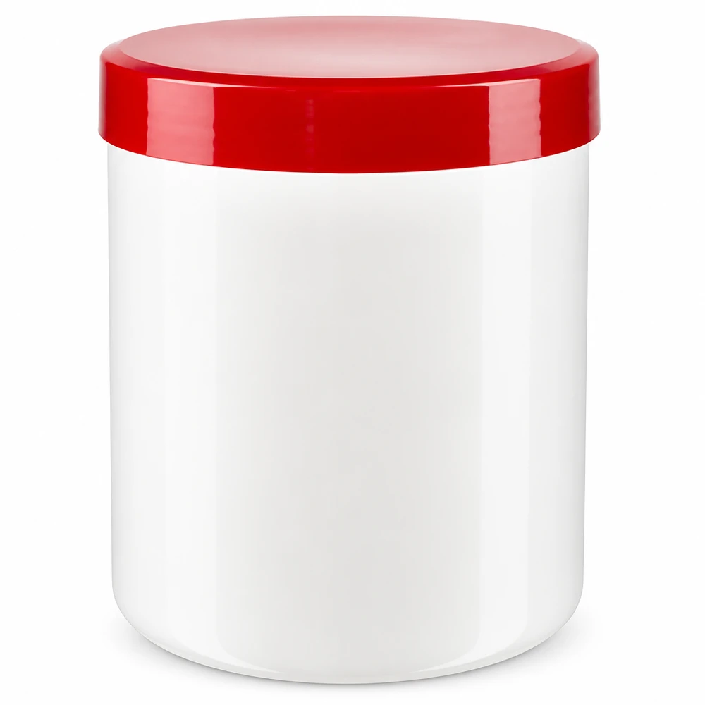 Pot à onguent blanc 800 g avec couvercle rouge (PP) Pot à pommade en PP de 800 g, blanc, avec bouchon à vis rouge
