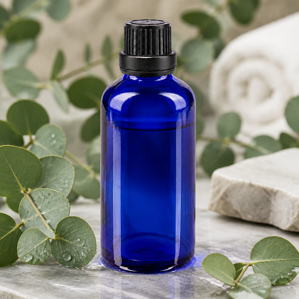 Apothekenflasche blau 50ml Schraubverschluss schwarz Dichteinlage Originalitätsverschluss 50ml Apothekerfl. blau mit schwarzem OV Verschluss ideal für Naturkosmetik und Aromatherapie