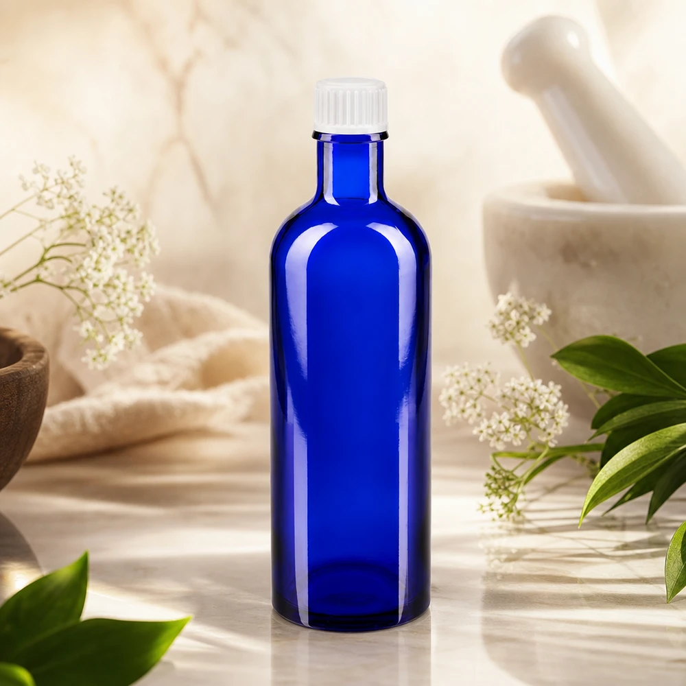 Apothekenflasche blau 200ml Schraubverschluss weiß Standard Blaue Rundflasche 200ml aus Glas mit weißem Deckel umgeben von Blüten und Naturpflanzen