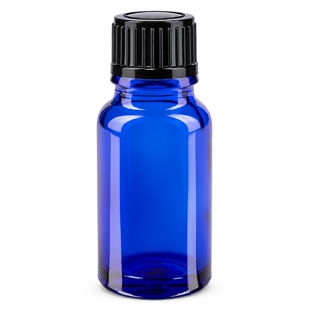 Apothekenflasche blau 10ml Schraubverschluss schwarz Standard Zylindrische 10ml Apothekerflasche blau Glas mit schwarzem Verschluss für Tropfen