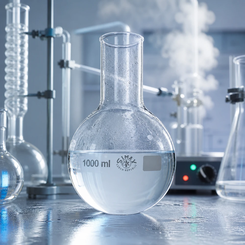 Pallone cristallino a fondo tondo da 1000 ml con collo largo per processi di reazione visibili
