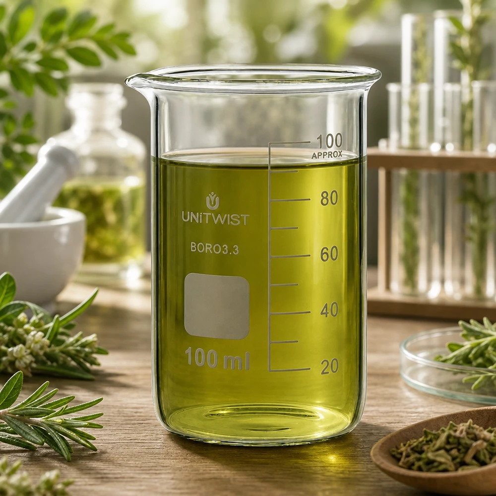 Bicchiere da 100 ml in borosilicato, forma alta UNITWIST UNITWIST Bicchiere da 100 ml, forma alta, in borosilicato, con olio alle erbe verde circondato da erbe medicinali fresche