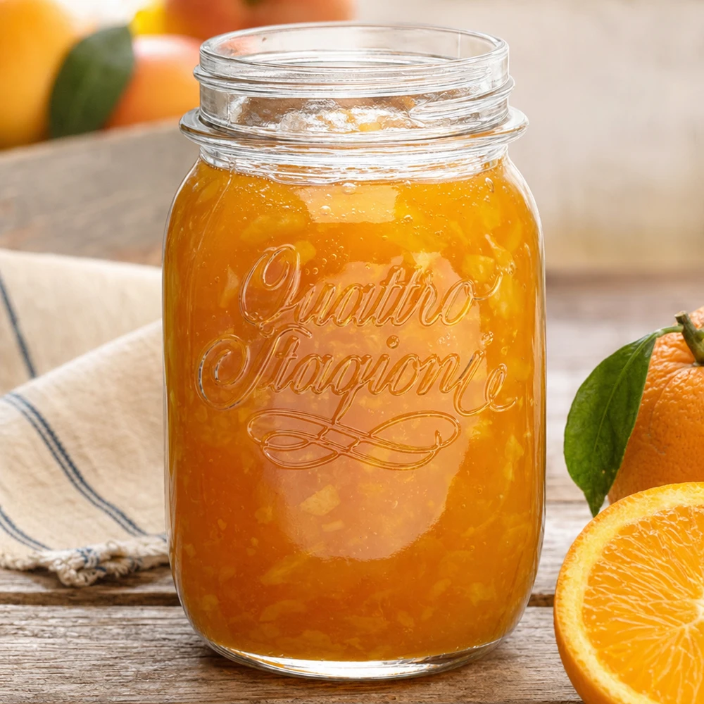 Barattolo casalingo Quattro Stagioni da 500 ml pieno di marmellata di arance accanto ad arance fresche su un tavolo di legno