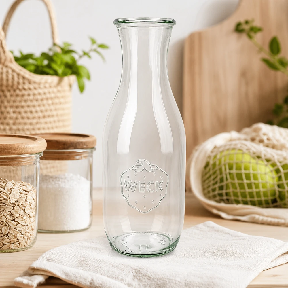 Bouteille à jus WECK RR60 de 1 062 ml WECK Bouteille de jus de fruits 1062ml RR60 sur toile blanche dans une cuisine durable avec des bocaux à provisions et des légumes bio