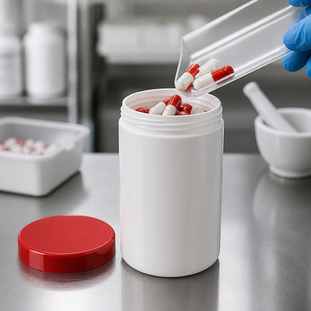 Conditionnement conforme aux normes pharmaceutiques de gélules rouges dans un pot de 250 g en polypropylène muni d'un couvercle à vis blanc