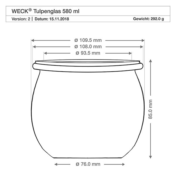 Vaso a tulipano da 580 ml WECK RR100 con tappo in sughero naturale Disegno tecnico del vaso WECK tulipano 580ml RR100 con dimensioni Diametro Altezza Peso Specifiche del prodotto