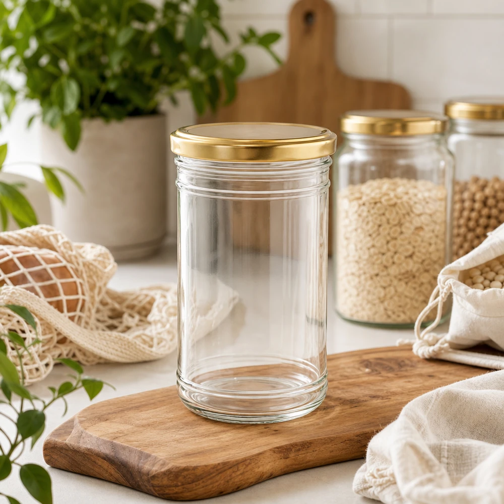 Barattolo di vetro vuoto da 1053 ml con coperchio dorato su tavola di legno in una cucina sostenibile a rifiuti zero con vasi di stoccaggio