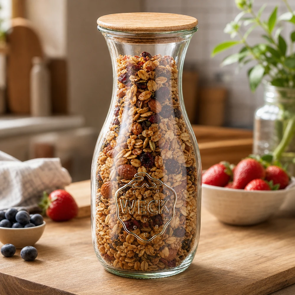 530ml Saftflasche WECK RR60 mit Holzdeckel WECK Saftflasche 530ml RR60 gefüllt mit Müsli und Nüssen als Vorratsglas mit Holzdeckel auf Holzbrett
