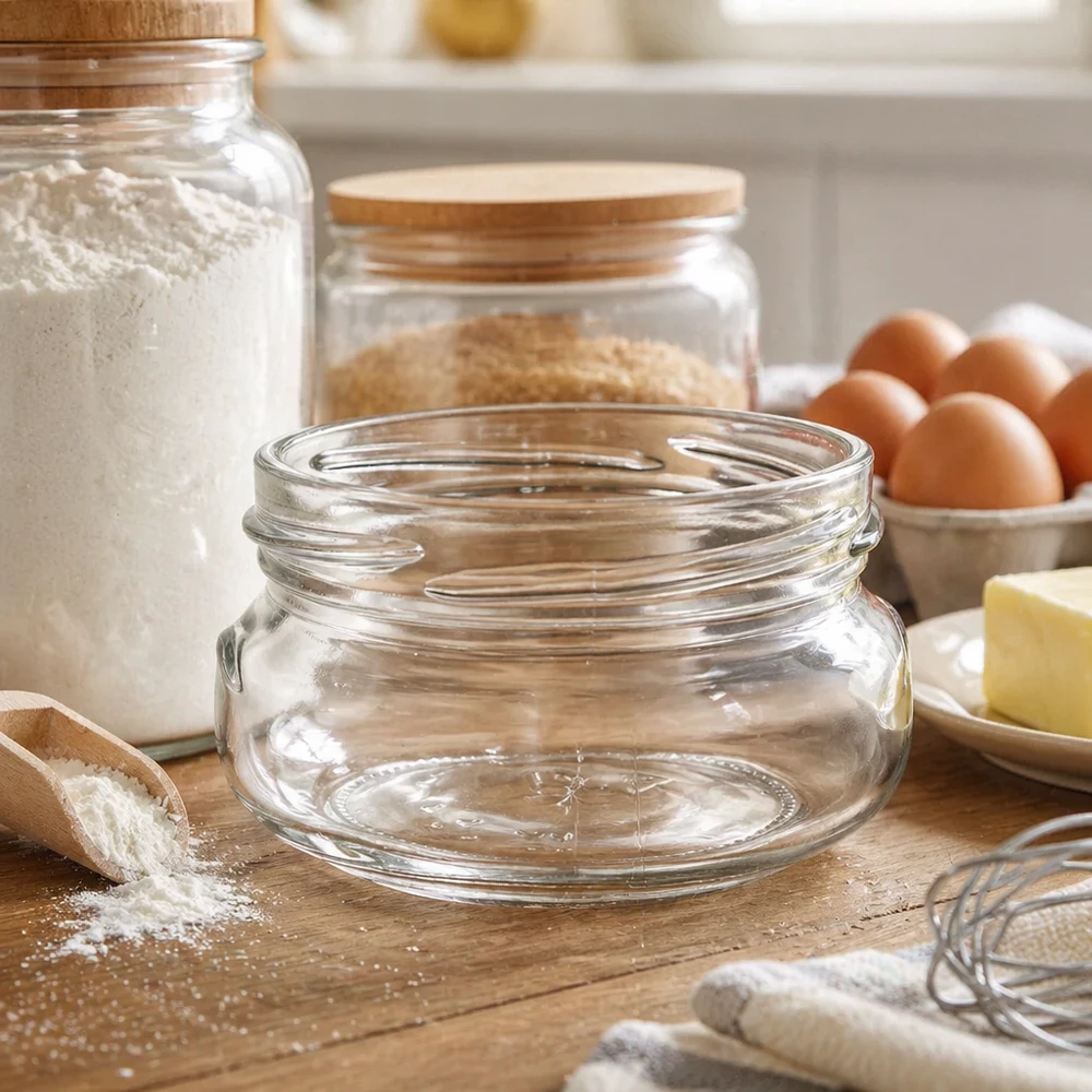 UNiTWIST Terrina120 vaso per terrine 120ml TO70 vuoto su tavola di legno in cucina con ingredienti da forno e barattoli di stoccaggio
