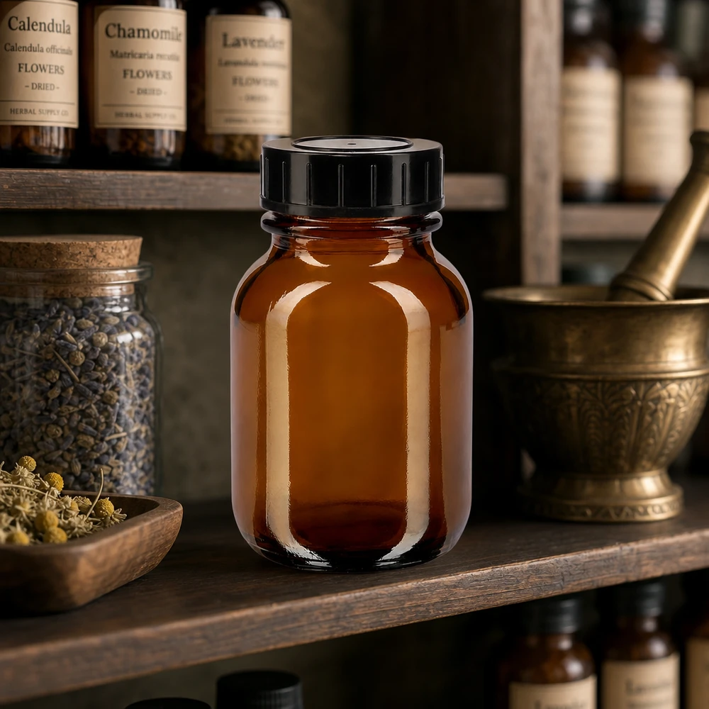 Flacone in vetro ambrato di alta qualità da 50 ml con profilo a collo largo per applicazioni farmaceutiche e cosmetiche