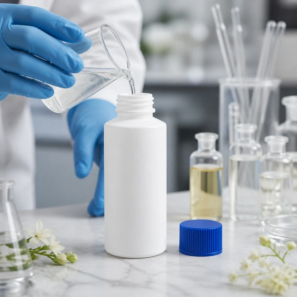 Remplissage en laboratoire d'un flacon en PEHD blanc opaque de 30 ml muni d'un bouchon à vis bleu
