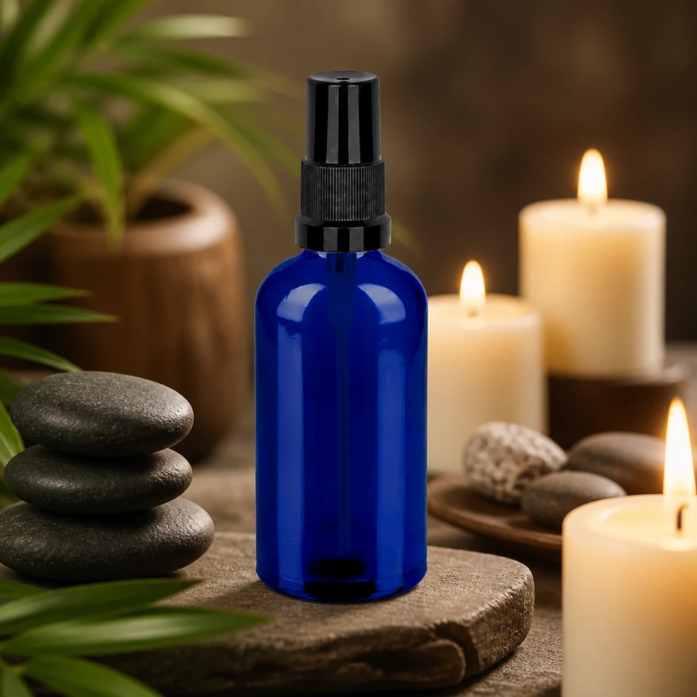 100ml Sprayflasche schwarz Standardverschluss BlueLine UT18/100 Professionelle Sprayflasche 100ml aus UV-schützendem blauem Glas für hochwertige Anwendungen