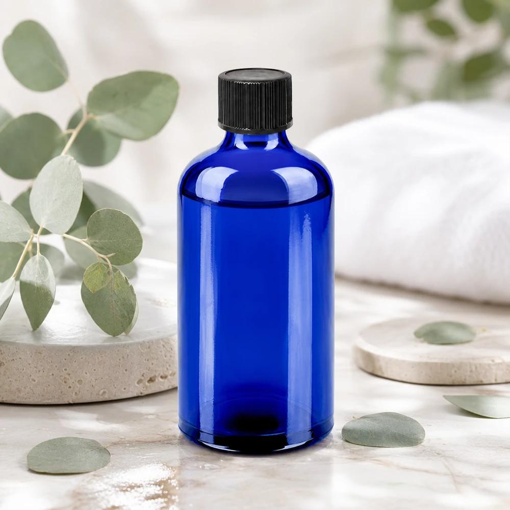 100ml Tropfflasche 1mm schwarz Standardverschluss BlueLine UT18/100 Stilvolle blaue Flasche 100ml mit schwarzem Tropfer perfekt für Serum und Pflegeöle
