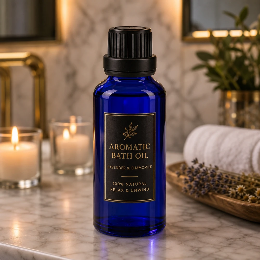 Apothekenflasche blau 30ml Schraubverschluss schwarz Dichteinlage Originalitätsverschluss Blaue 30ml Glasflasche mit schwarzem Originalverschluss als Verpackung für Naturkosmetik Badöle
