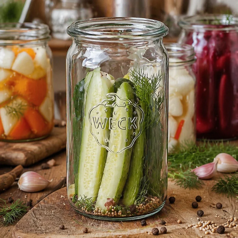 WECK Zylinderglas 340ml RR60 mit eingelegten Gurken und Dill zeigt vielseitige Verwendung zum Einlegen von Gemüse